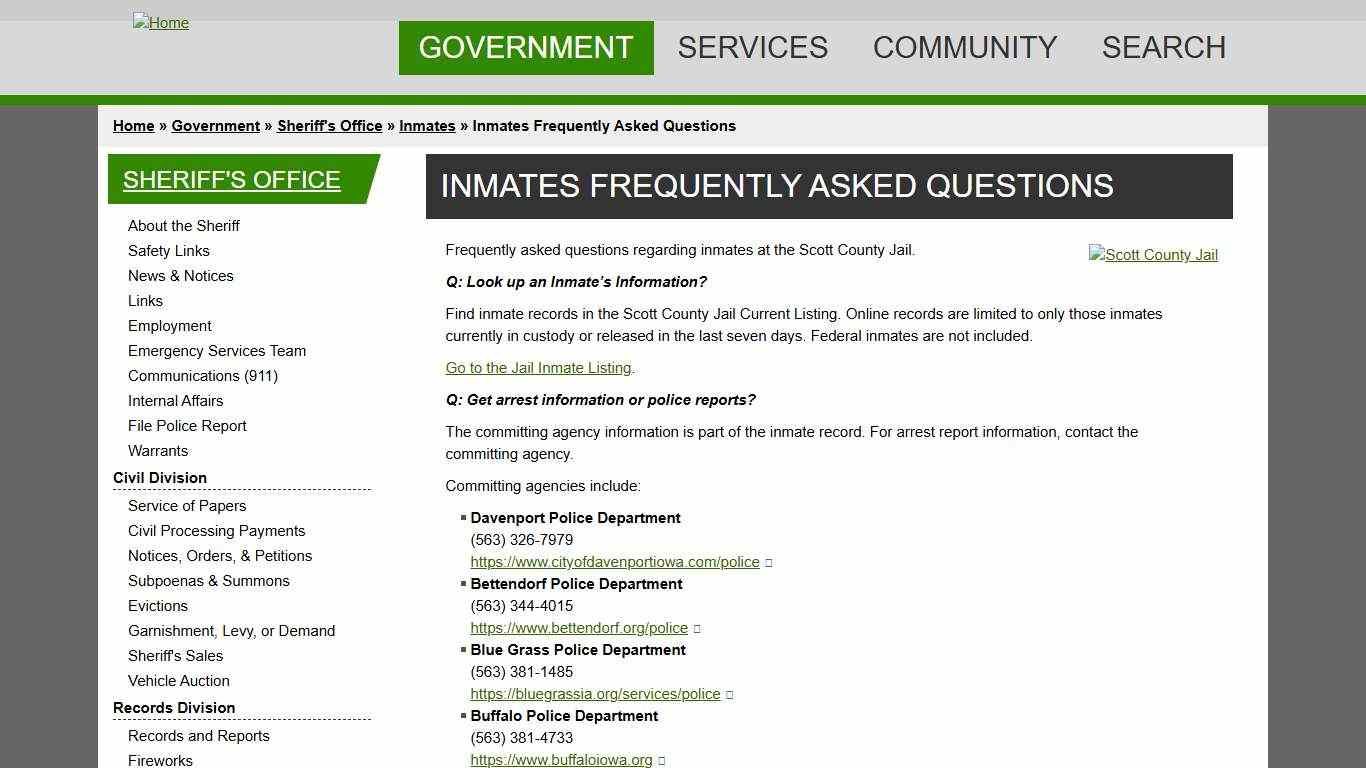 Inmates Frequently Asked Questions | Scott County, Iowa